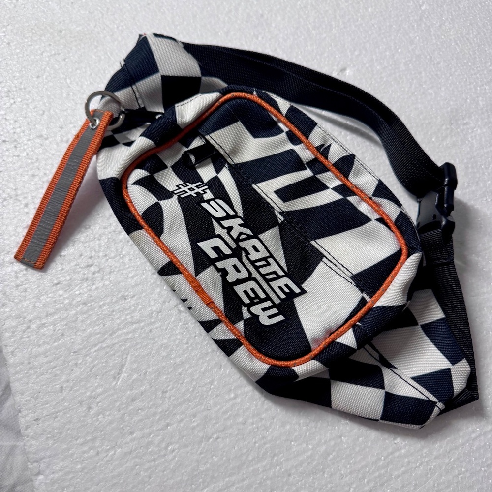 Y2K Zara Skate Crew Belt Bag Black White Checkerboard‎ Waist Pack Orange Trim